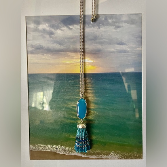 Kendra Scott NWOT Eva Teal Agate Long Long Pendant Necklace Adj Length Chain - Picture 7 of 11